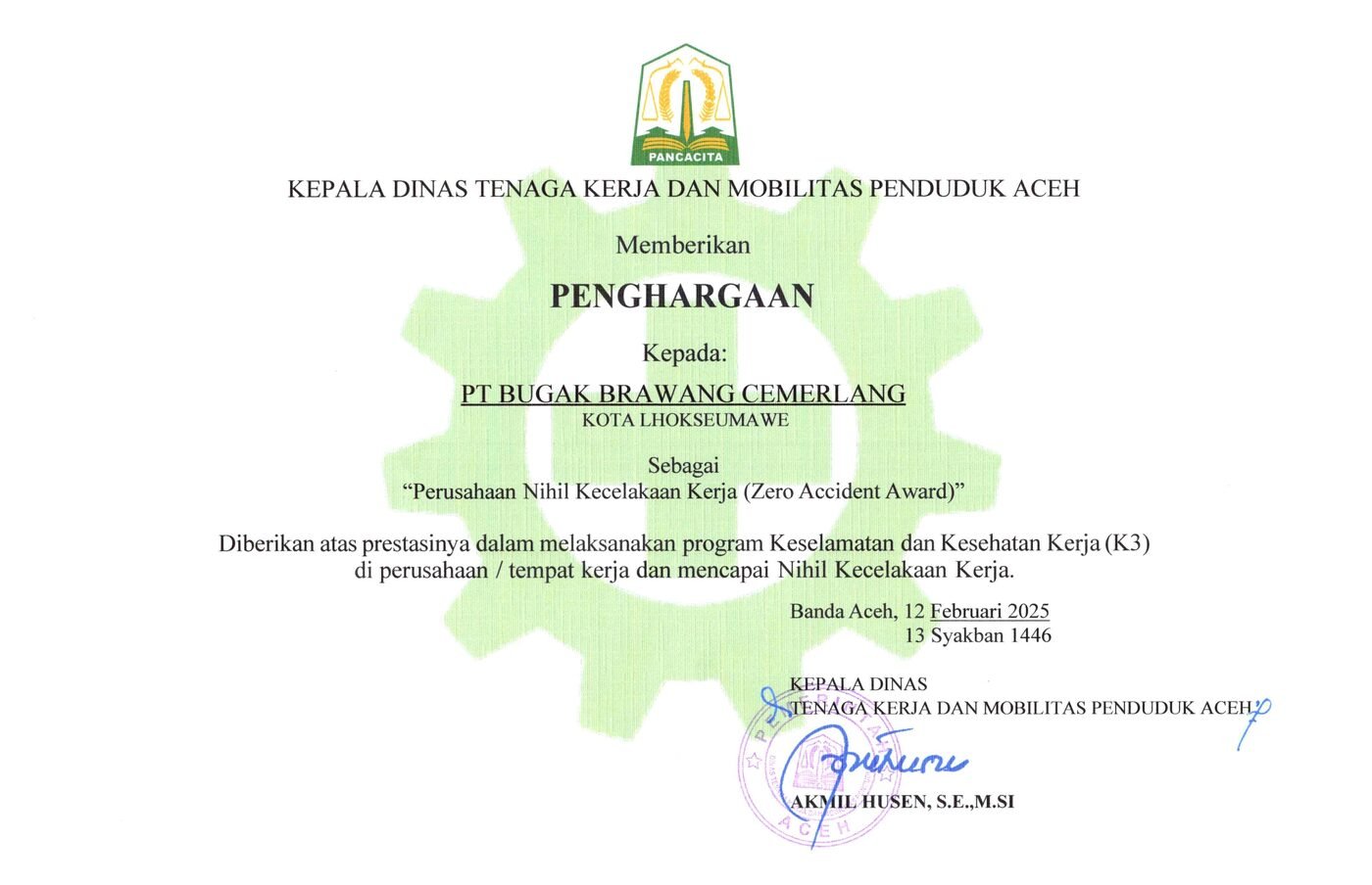 Perusahaan Nihil Kecelakaan Kerja (Zero Accident Award) 2025
