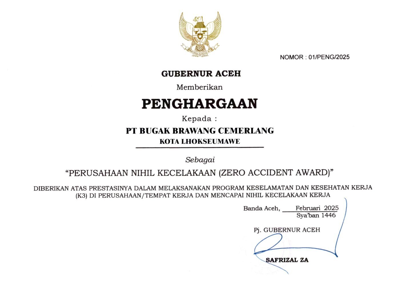 Perusahaan Nihil Kecelakaan (Zero Accident Award) 2025