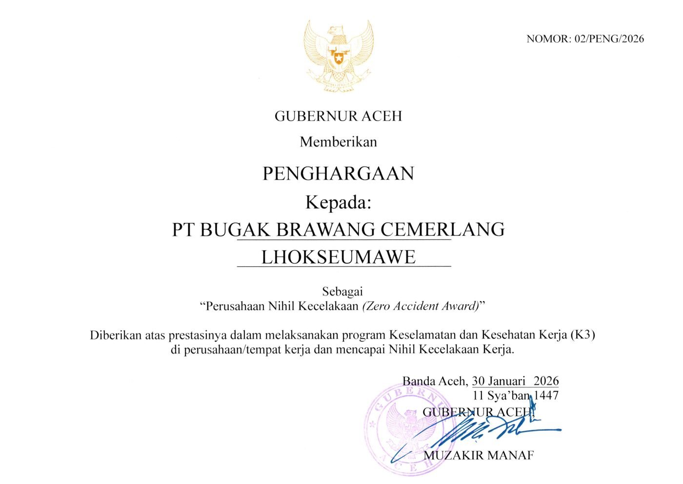 Perusahaan Nihil Kecelakaan (Zero Accident Award) 2026